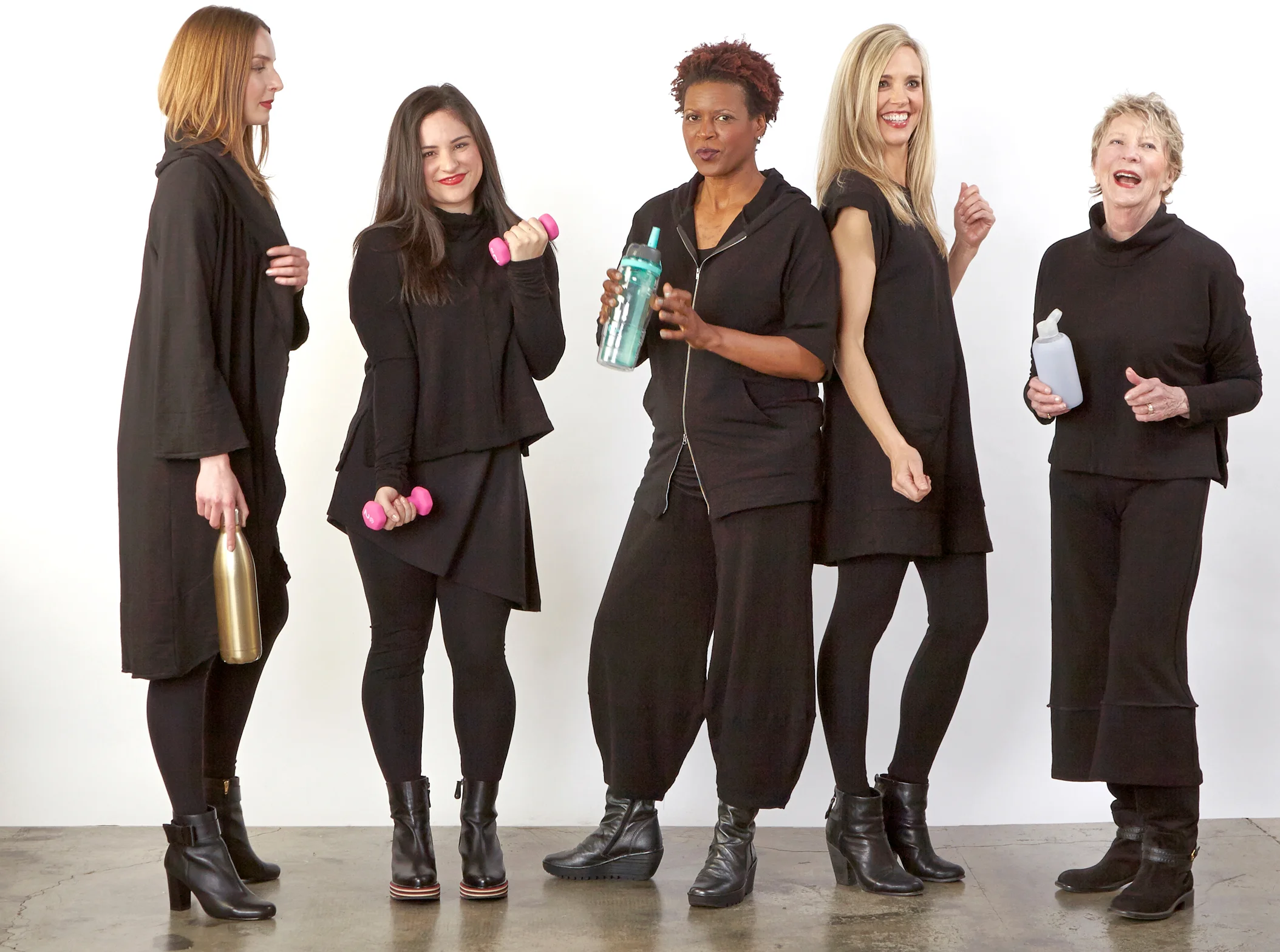 Wrap Coat, Taos Shirt, Otto Vest, Oliver Pant, Clyde Tunic, Crop Full Pant in Black Italian Felpa, Una Tunic, Legging in Black Modal Ponti