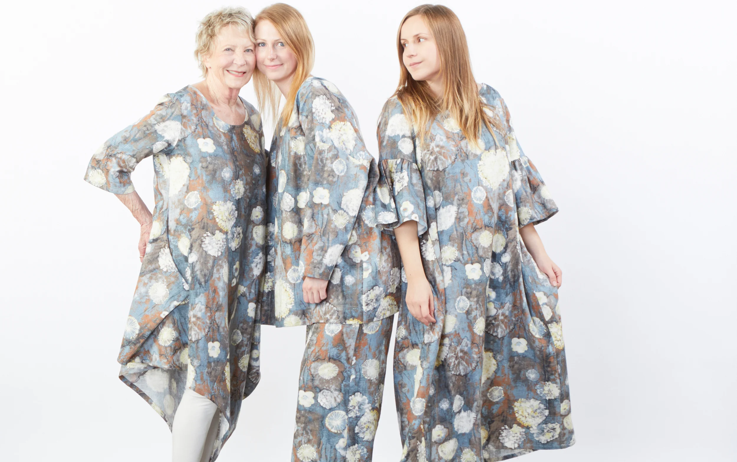 Naida Tunic, Kenwood Tunic, Long Full Pant, Kahlo Dress in Burdock Cumbria Linen