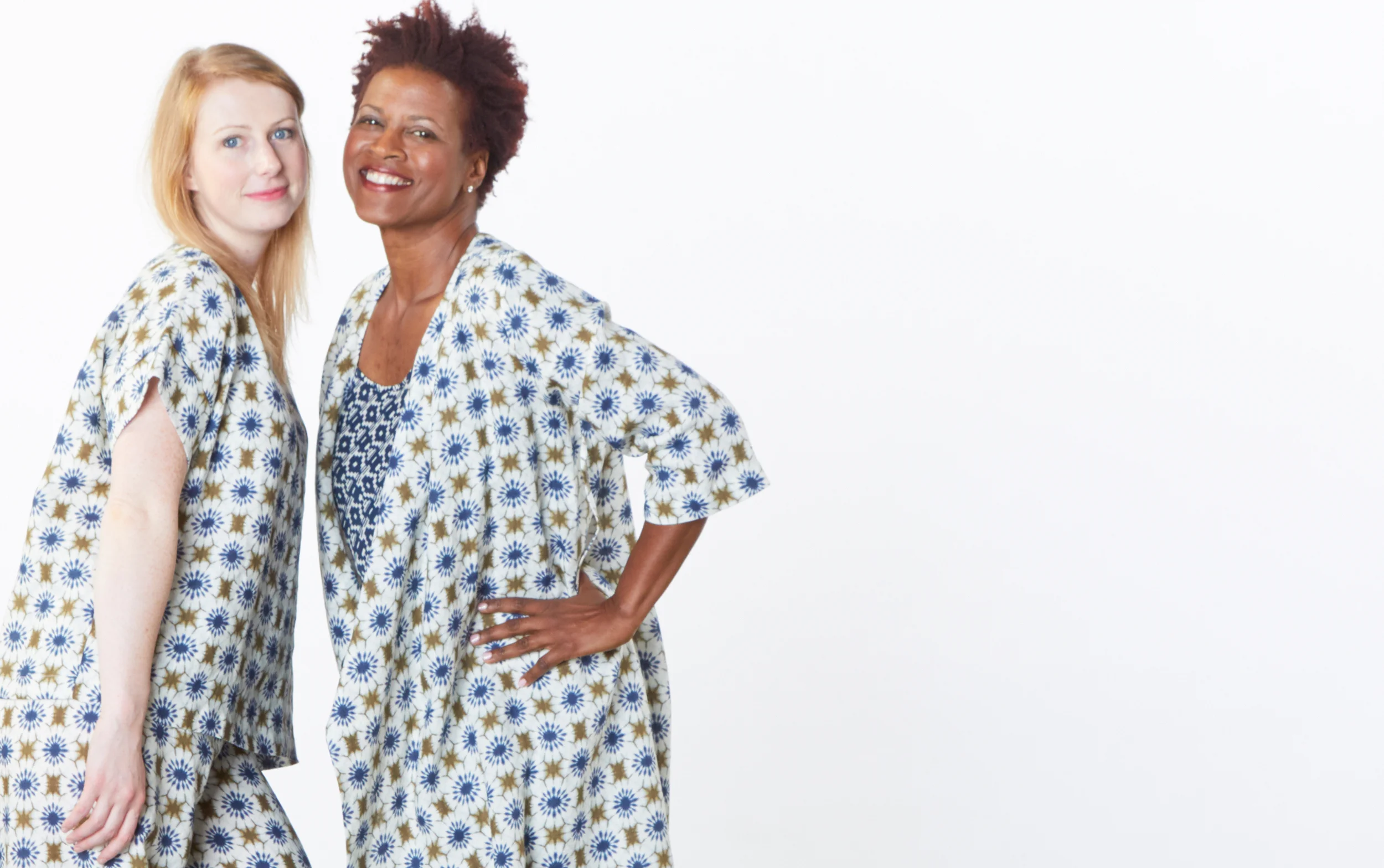 Orla Shirt, Bell Pant, Zena Tunic in Moss/Ivory, Lucy Tank in Blue/Ivory Italian Print Linen