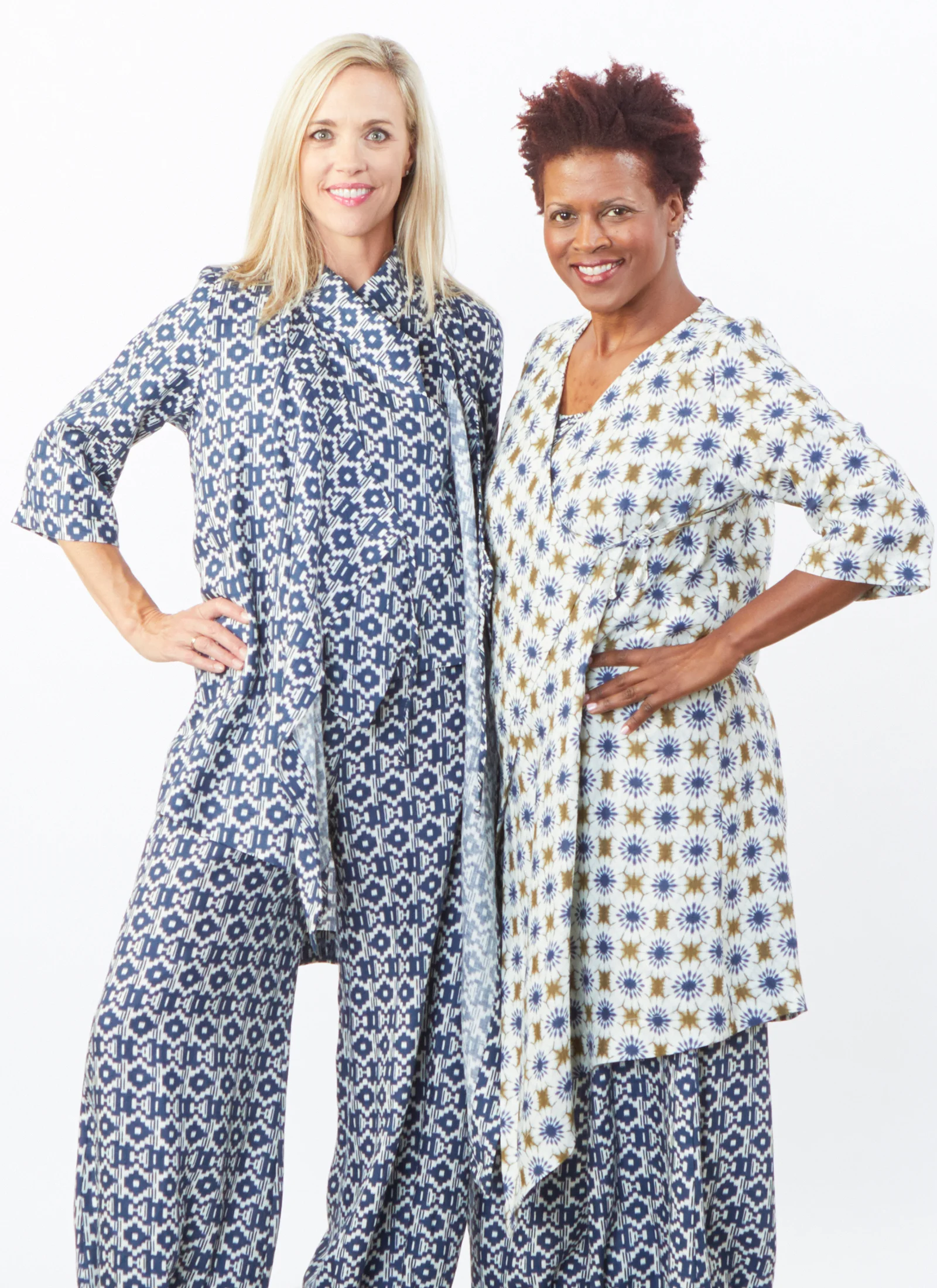 Zena Tunic in Moss/Ivory and Blue/Ivory, Koryo Vest, Bell Pant in Blue/Ivory Italian Print Linen