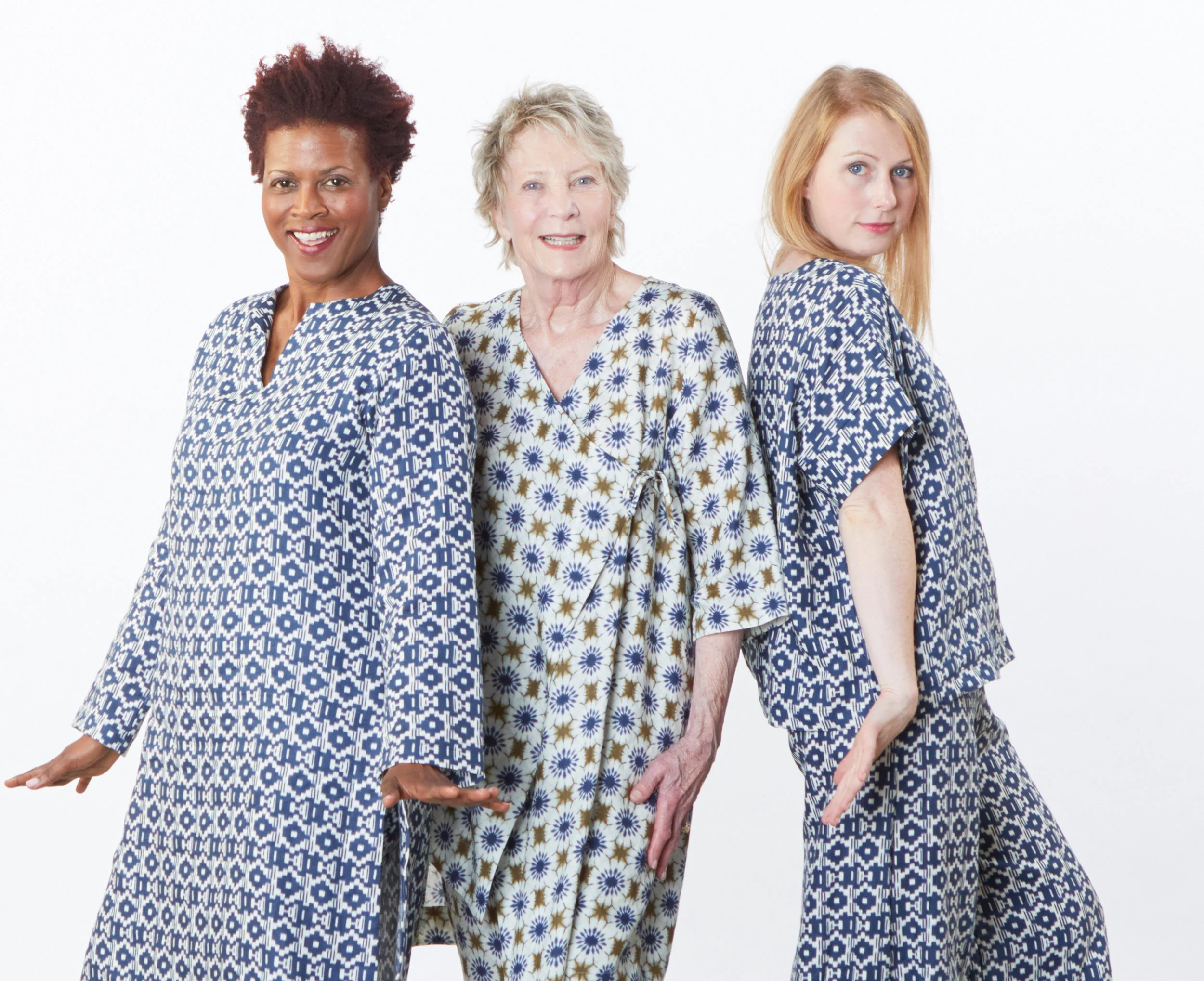 Risa Tunic, Orla Shirt, Bell Pant in Blue/Ivory, Zena Tunic, Bell Pant in Moss/Ivory Italian Print Linen