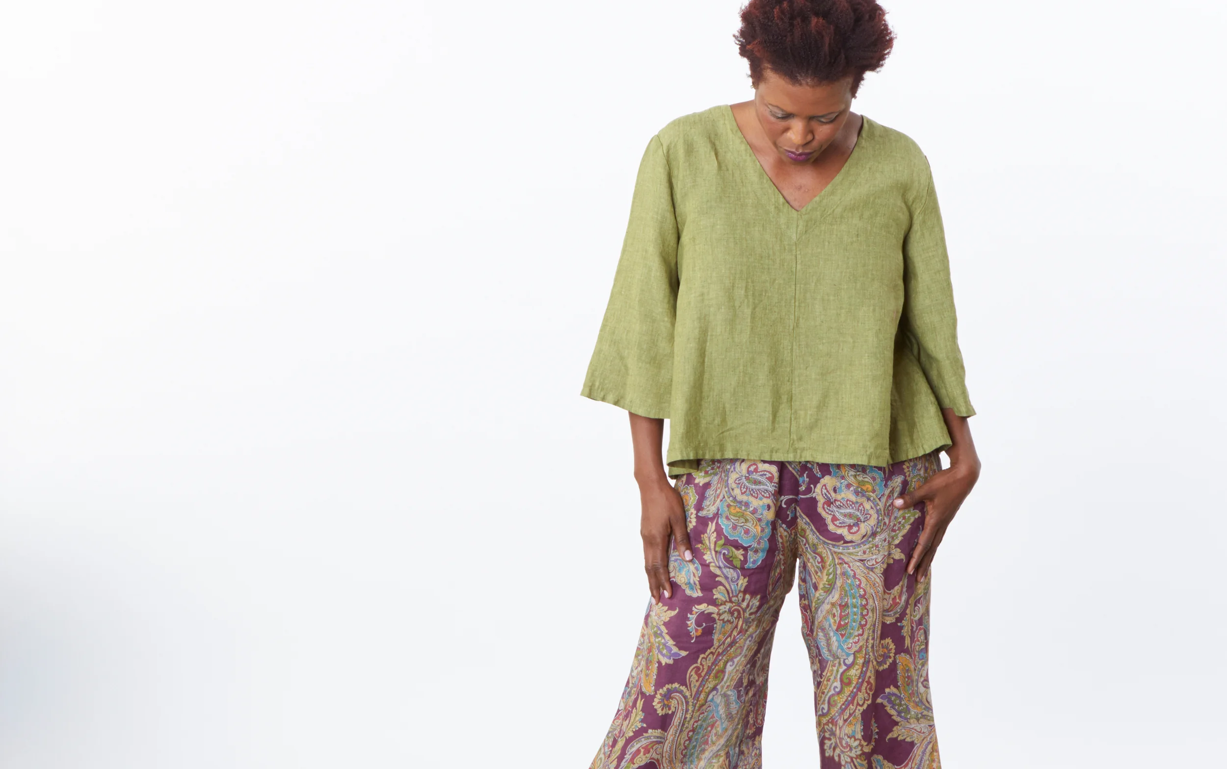 Lily Shirt in Ravello Cross Dyed Linen, Oliver Pant in Viola Paisley Italian Linen