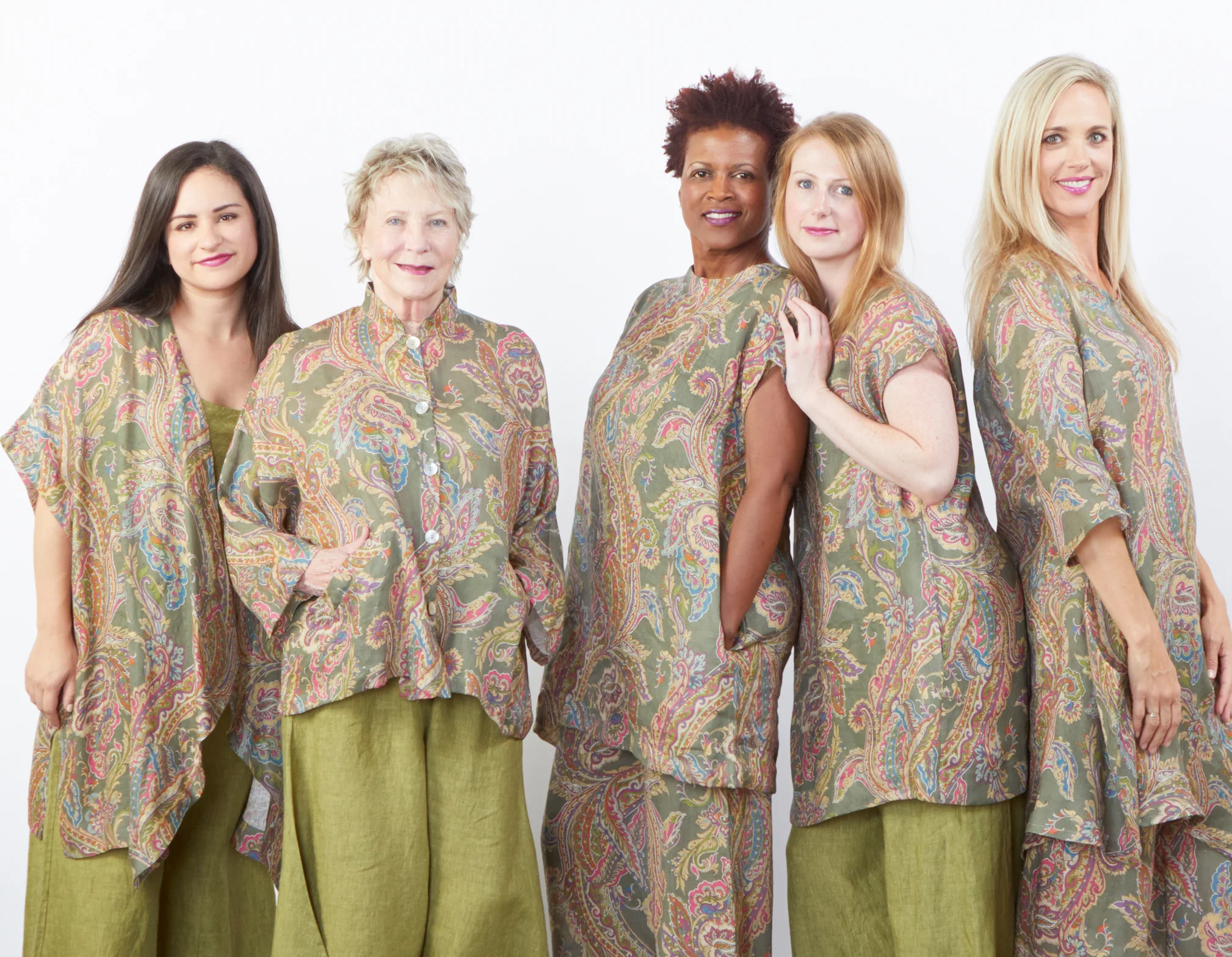 Esme Cardigan, Danuta Jacket, Ansel Tunic, Lilia Tunic, Long Full Pant, Oliver Pant in Erba Paisley Italian Linen, Lucy Tank, Crop Tie Waist Pant, Seamus Pant in Ravello Cross Dyed Linen