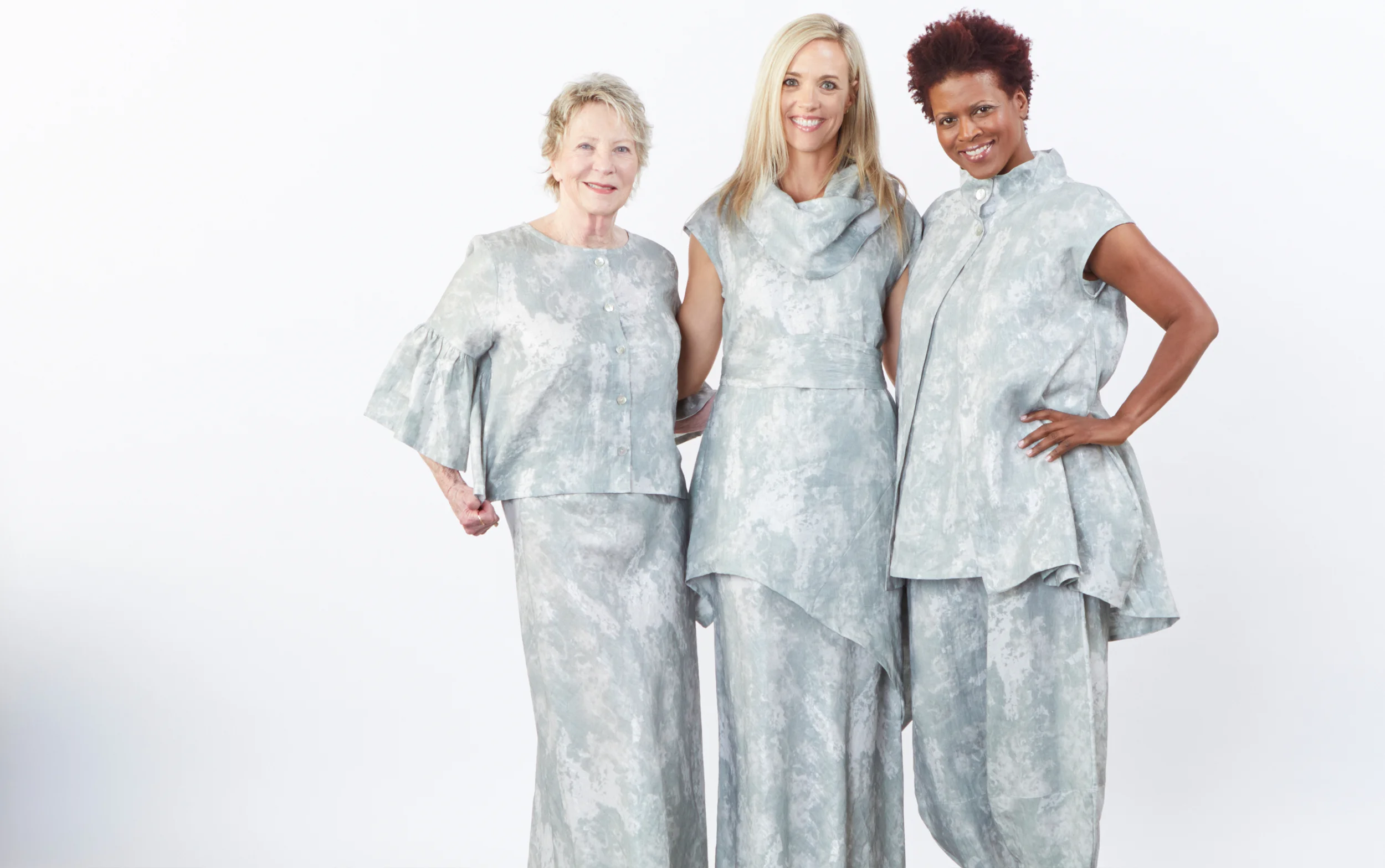 Frida Jacket, Long Bias Skirt, Noa Tunic, Gael Vest, Aldous Tunic, Oliver Pant in Acqua Sparkle Linen