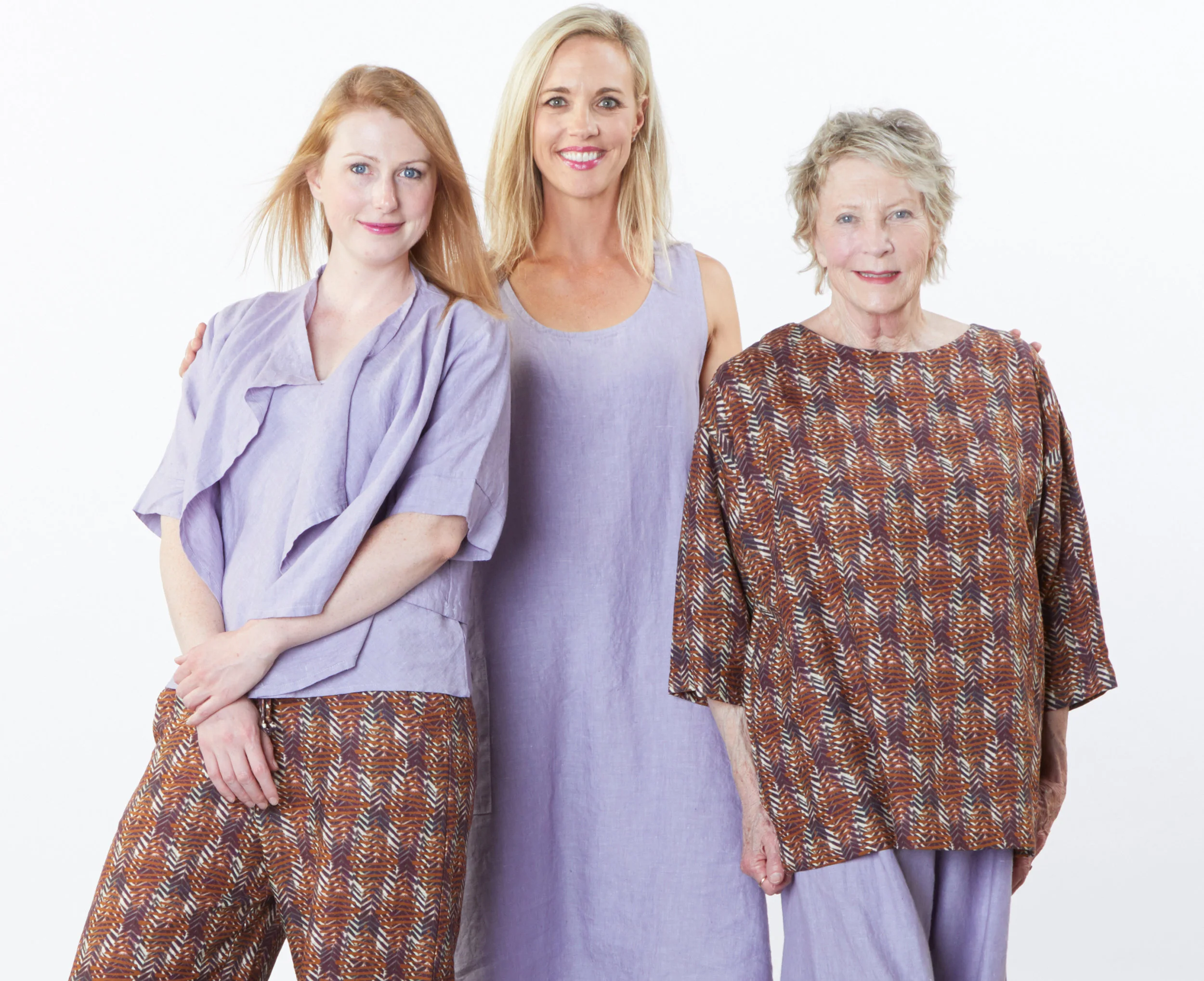 Malin Jacket, Lucy Tank, Luella Tunic, Seamus Pant in Pienza Cross Dyed Linen, Resort Shirt, Sasha Pant in Marrone Italian Print Linen