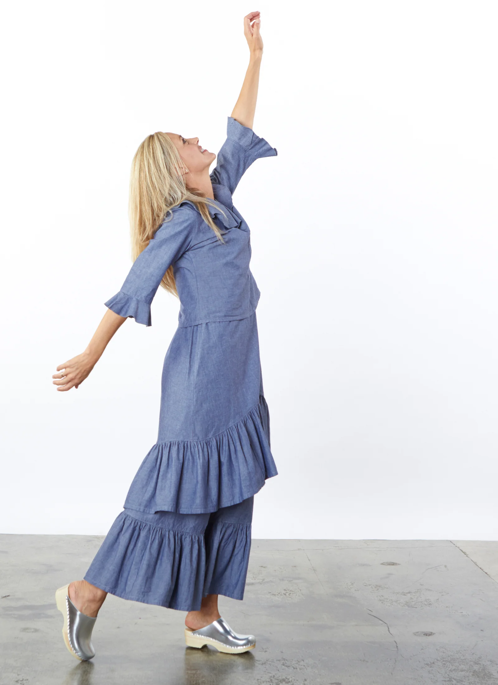 Georgia Shirt, Angelita Dress, Ruffle Pant in Oia Cotton Chambray