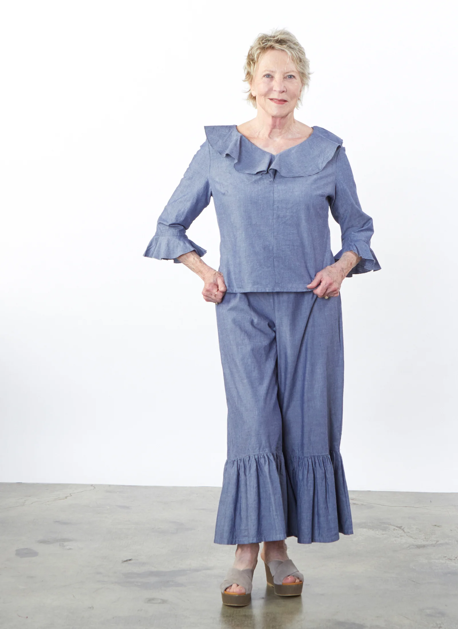 Georgia Shirt, Ruffle Pant in Oia Cotton Chambray