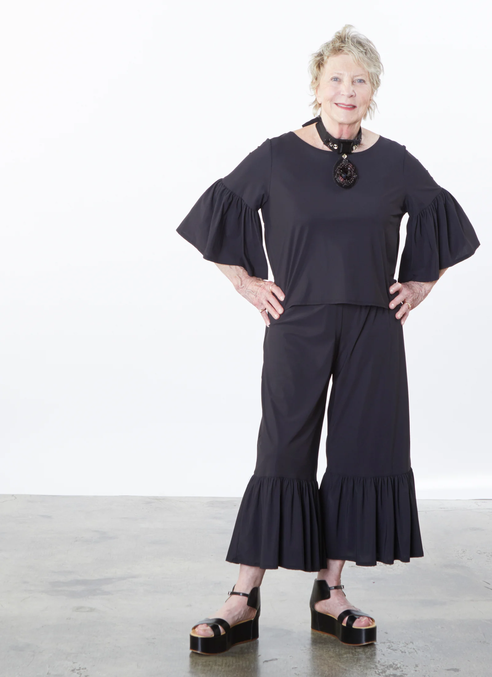 Frida Shirt, Ruffle Pant in Black Microfiber Jersey