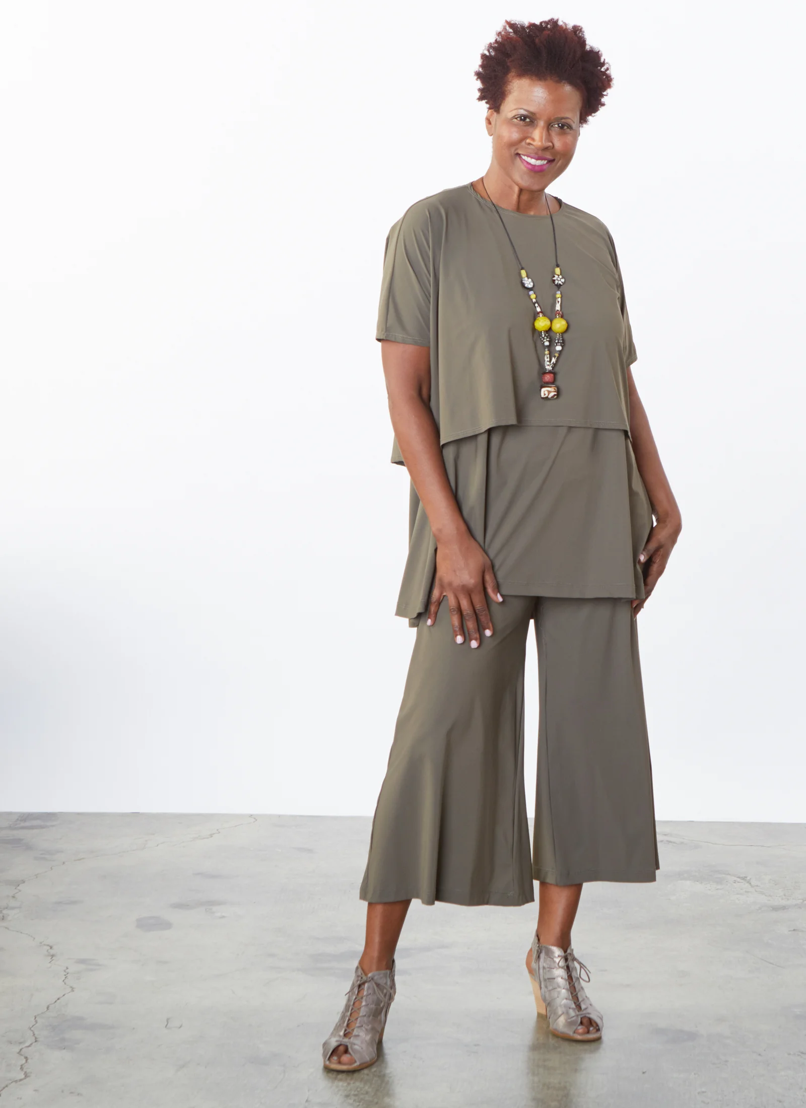 Vlad Shirt, Aldous Tunic, Ella Pant in Olive Microfiber Jersey