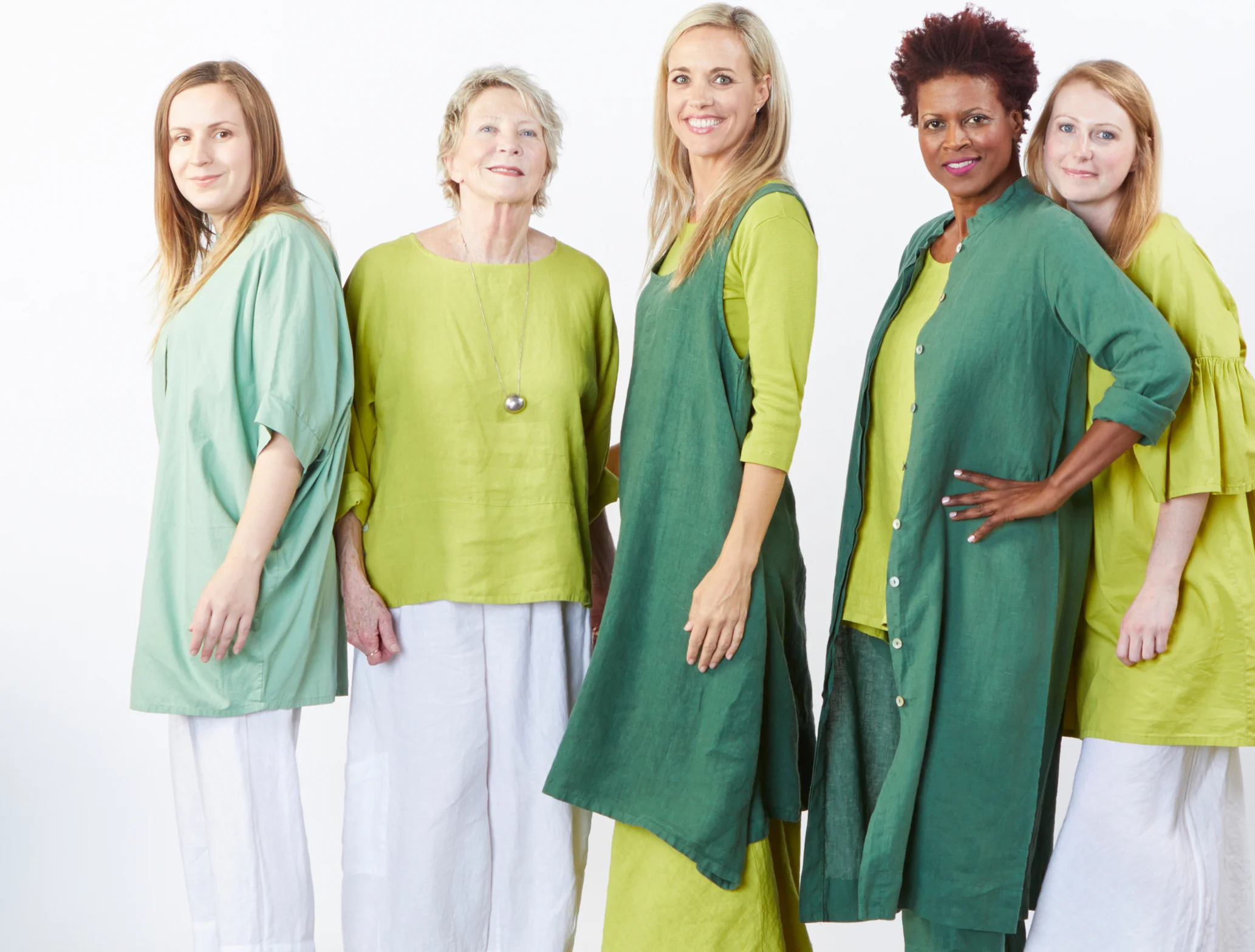 Jake Shirt in Hosta, Rivera Tunic in Noni Poplin, Long Jumper in Viburnum Heavy Linen, Hall Jacket in Viburnum, Artist Shirt, Long Bias Skirt in Noni Light Linen