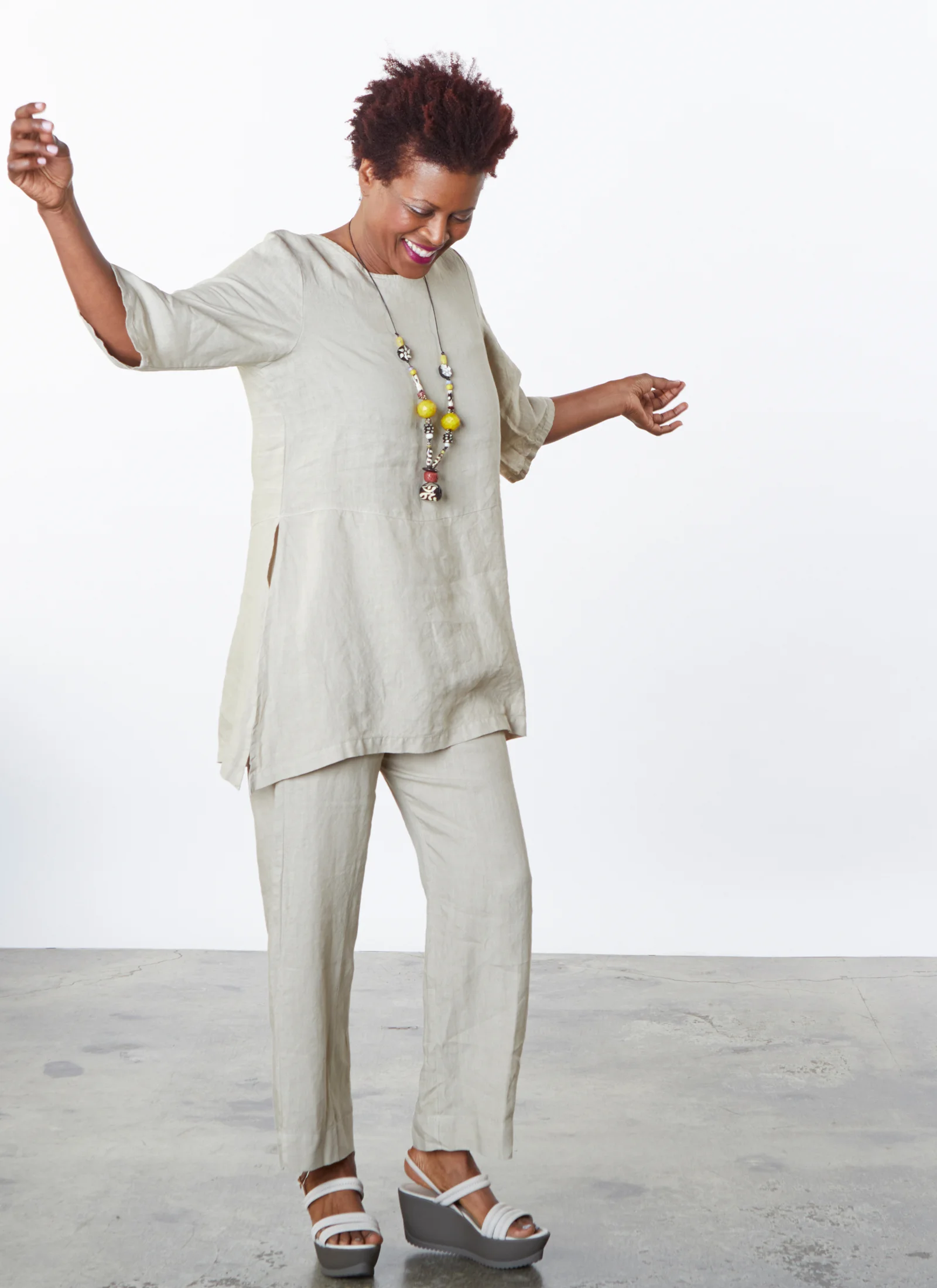 Bre Tunic, Flat Front Pant in Lark Light Linen