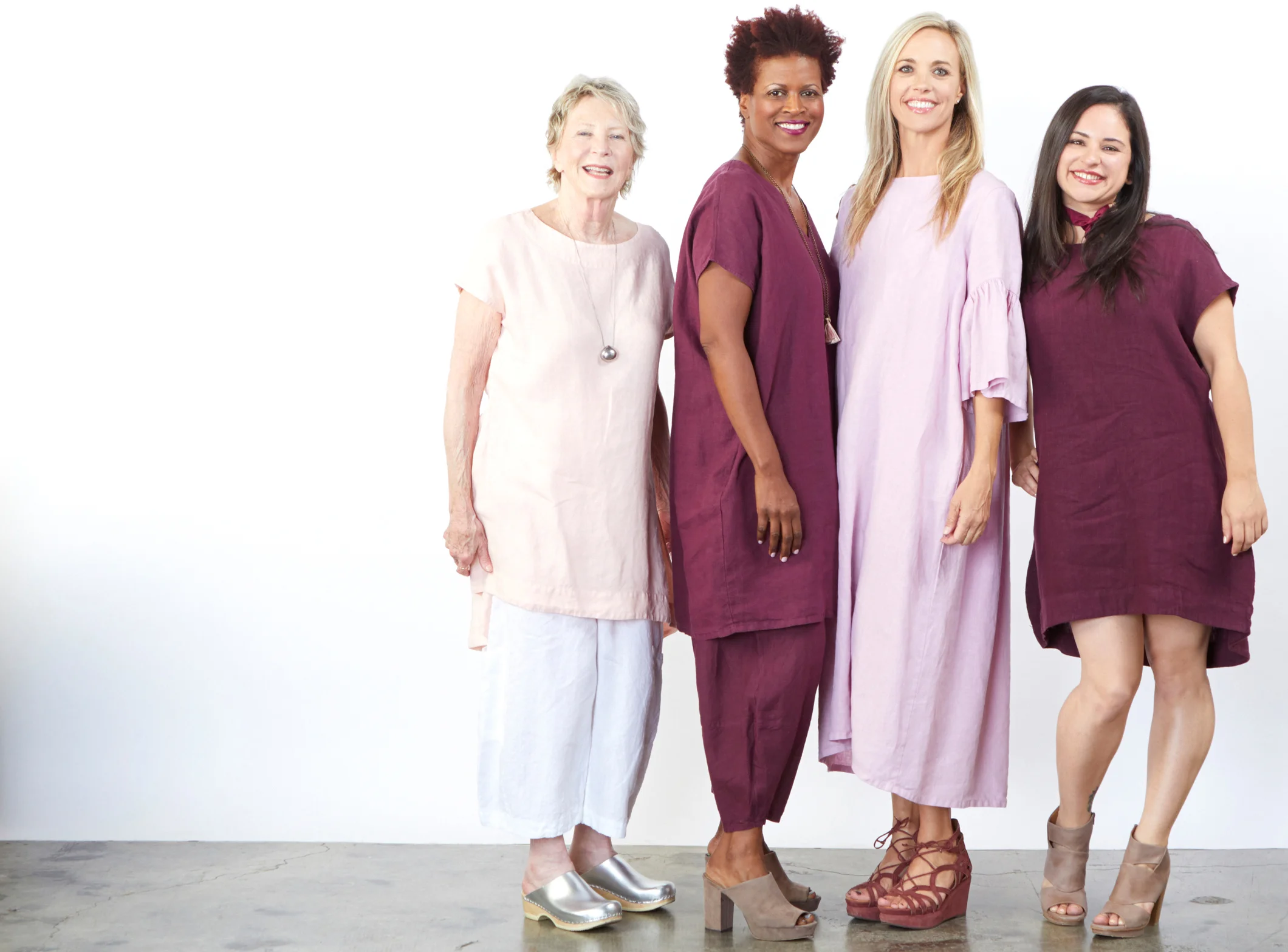 Bubble Tunic in Tuberose, Casbah Pant in White, Regan Tunic, Oliver Pant in Mangosteen, Kahlo Dress in Ranunculus Light Linen, Bubble Tunic in Mangosteen Heavy Linen