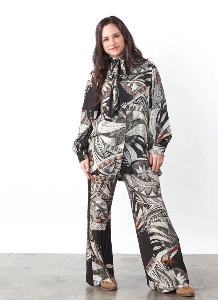 Ribbon Tie Blouse in Black/Ivory Ready for Lisbon Print Twill, Palazzo Pant in Black/Ivory Ready for Lisbon Print Jersey