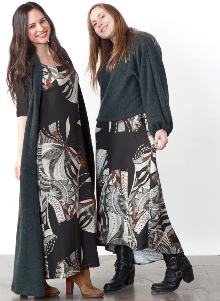 Edwin Vest, Anna Shirt in Spruce Italian Boucle, S/S Bobbi Dress in Black/Ivory Ready for Lisbon Print Jersey, Liliana Dress in Black/Ivory Ready for Lisbon Print Twill