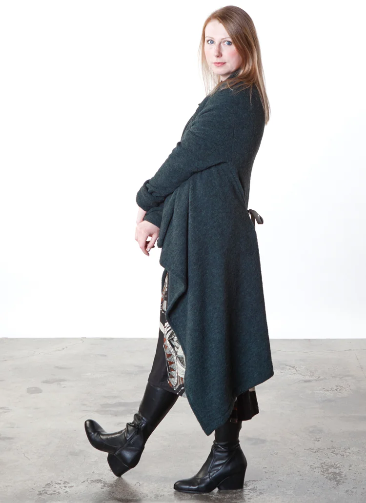 Eve Cardigan in Spruce Italian Boucle, Liliana Dress in Black/Ivory Ready for Lisbon Print Twill