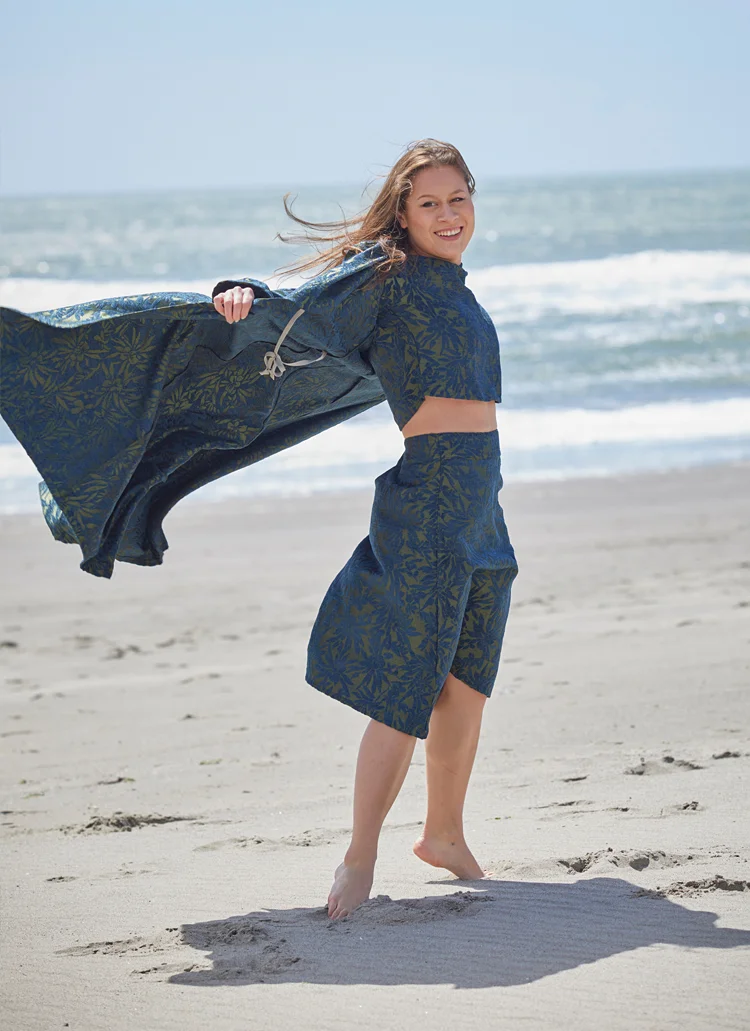 Havisham Dress, Sigi Zip Shirt, Sean Zip Skirt in Green Chenille Jacquard