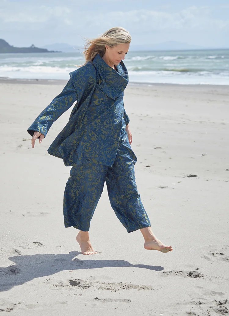 Marcella Jacket, Noa Tunic, Medina Zip Pant in Green Chenille Jacquard