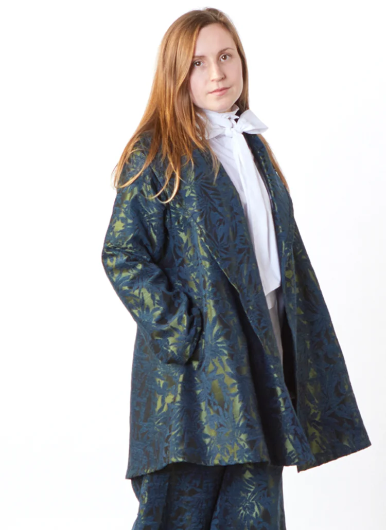 Marcella Jacket in Green Chenille Jacquard, Ribbon Tie Blouse in Stretch Poplin