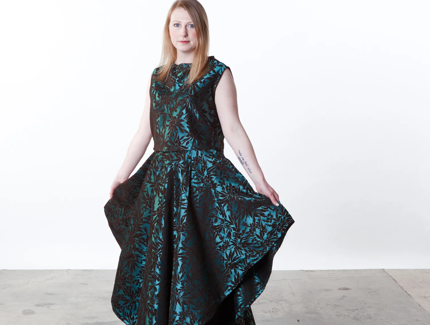 Crop Zip Vest, Grange Skirt in Teal Chenille Jacquard