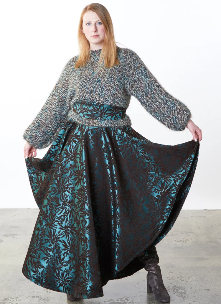 Grange Skirt in Teal Chenille Jacquard, Anna Shirt in Ready for Isle of Skye