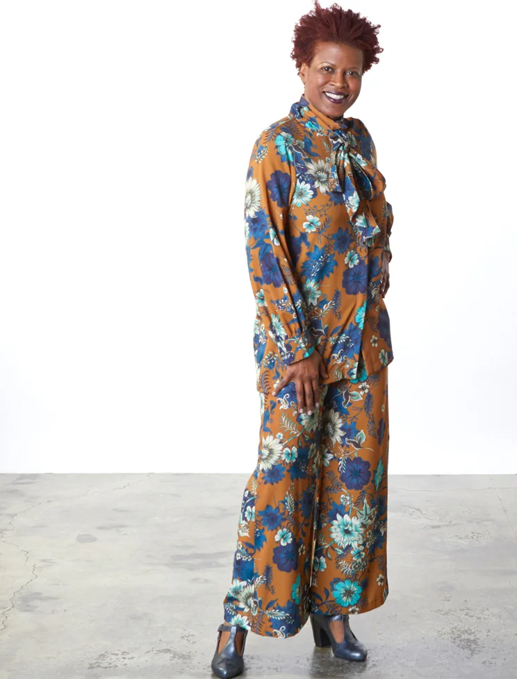 Ribbon Tie Blouse, Long Full Pant in Ochre/Teal Bellagio Print