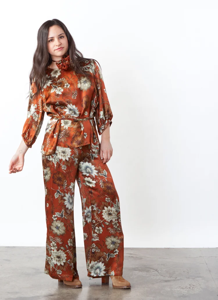 Cara Shirt, Long Full Pant in Ruggine Floral Silk Print