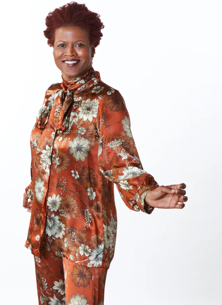 Ribbon Tie Blouse, Long Full Pant in Ruggine Floral Silk Print