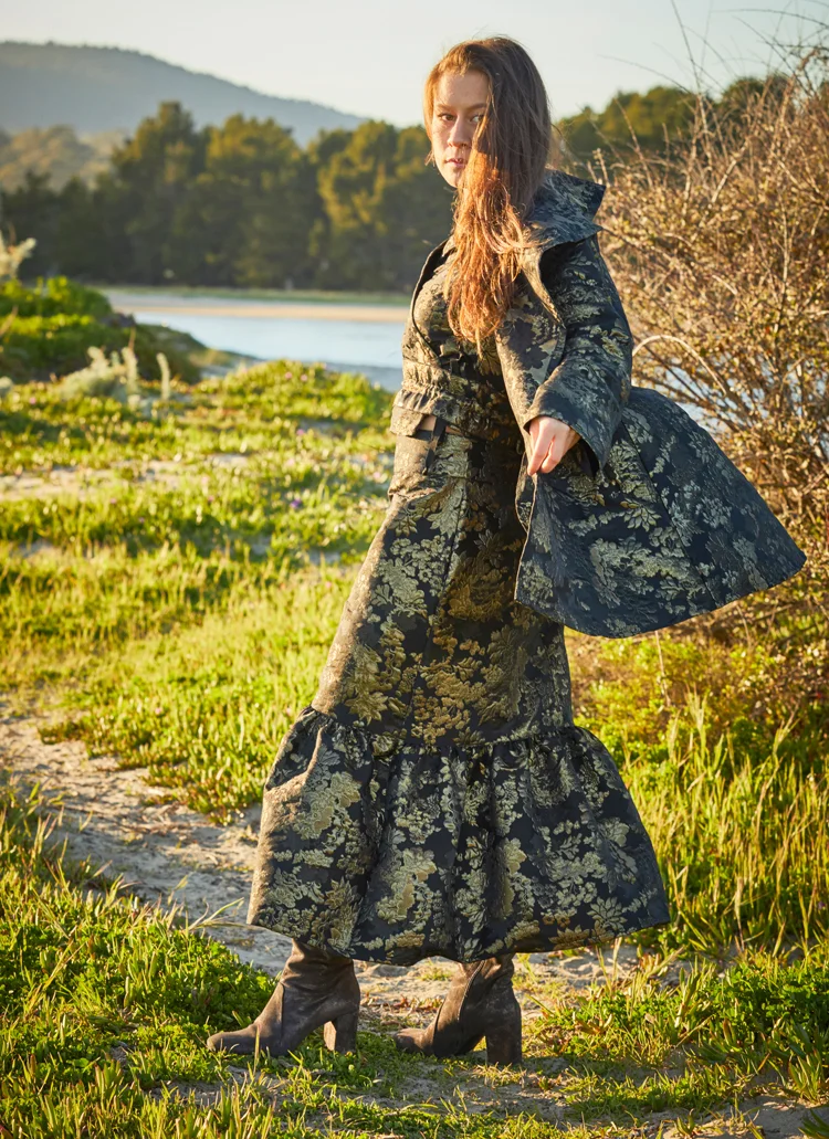 Jeju Shirt, Marcella Jacket, Ruffle Skirt in Black/Gold Tapestry