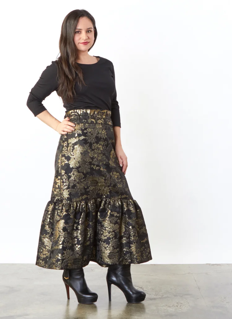 Ruffle Skirt in Black/Gold Tapestry, 3/4 Sleeve Shell in Black Modal Ponti