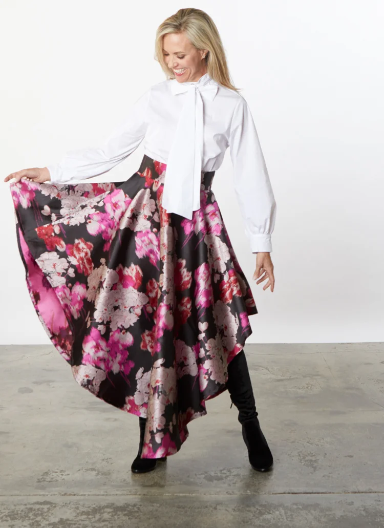 Ribbon Tie Blouse in Stretch Poplin, Grange Zip Skirt in Black/Pink Duchesse Jacquard