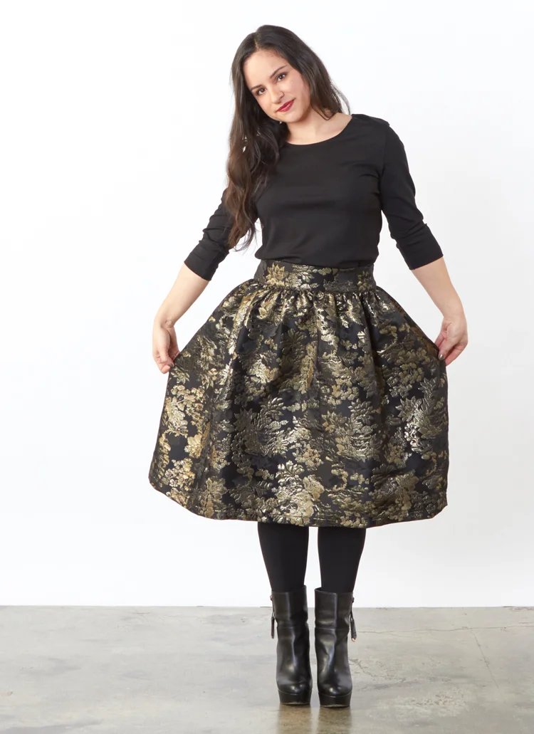 Nabi Skirt in Black/Gold Tapestry, 3/4 Sleeve Shell, Legging in Black Modal Ponti