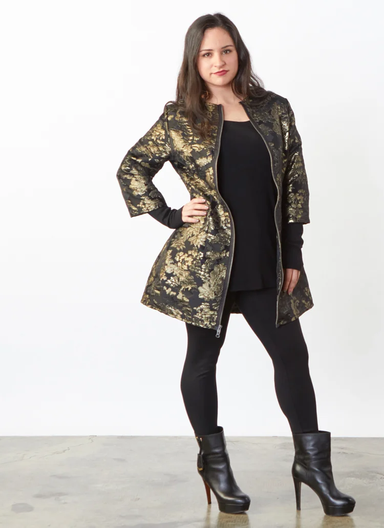 Juliette Dress in Black/Gold Tapestry, Legging in Black Modal Ponti