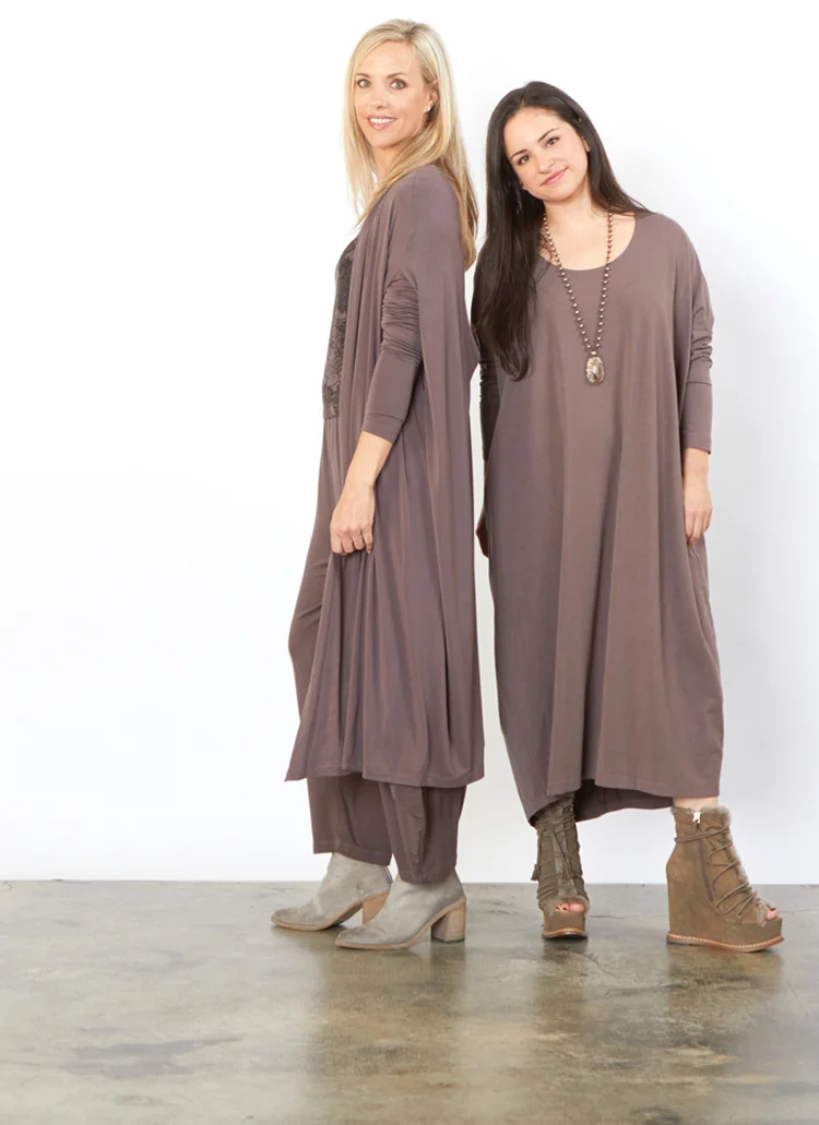 L/S Shell in Tartufo Print Grey Terry, Seamus Pant in Tartufo Grey French Terry, Long Stoker Cardigan in Tartufo Micro Modal, Renato Dress in Tartufo Bamboo Cotton