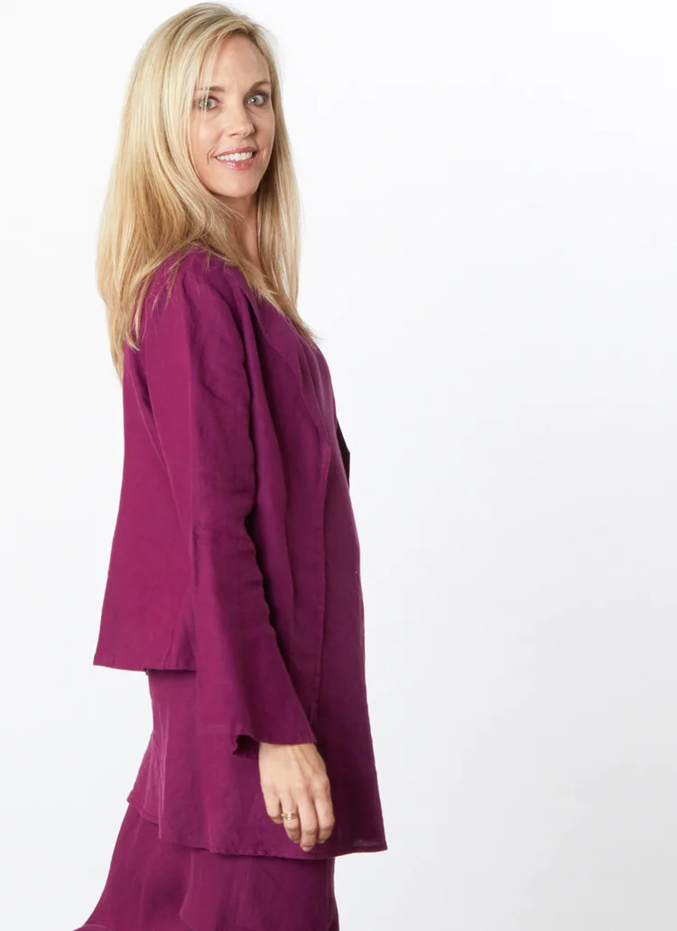 Eleni Jacket, Lucille Tunic, Long Bias Skirt in Kir Light Linen