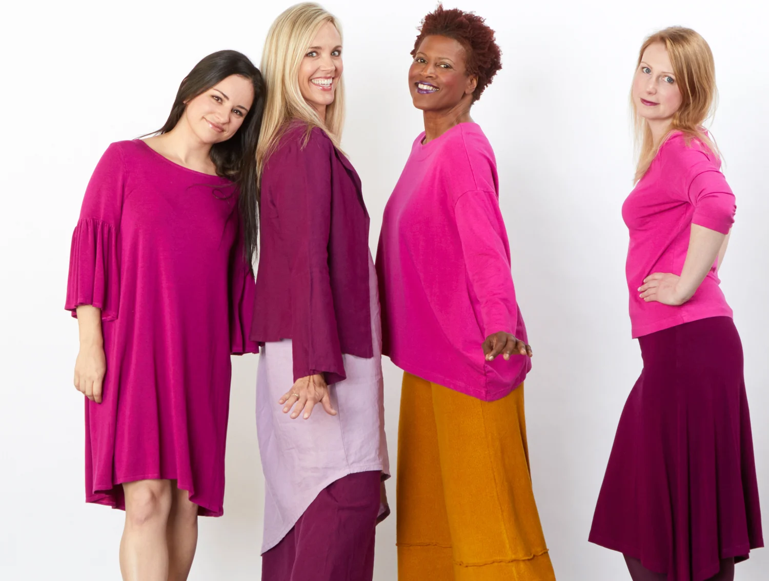 Rivera Tunic in Hyacinth Grey Terry, Eleni Jacket in Kir, S/S Euna Tunic in Rosemallow Light Linen, Evie Shirt in Hyacinth Bamboo Terry, 3/4 Sleeve Shell in Hyacinth Organic Bamboo Cotton, Crop Full Pant in Senape Terry
