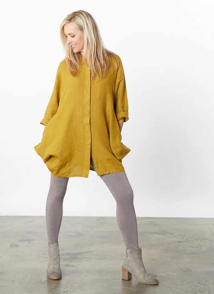 L/S Corrado Shirt in Oolong Light Linen, Legging in Nightingale Grey Terry