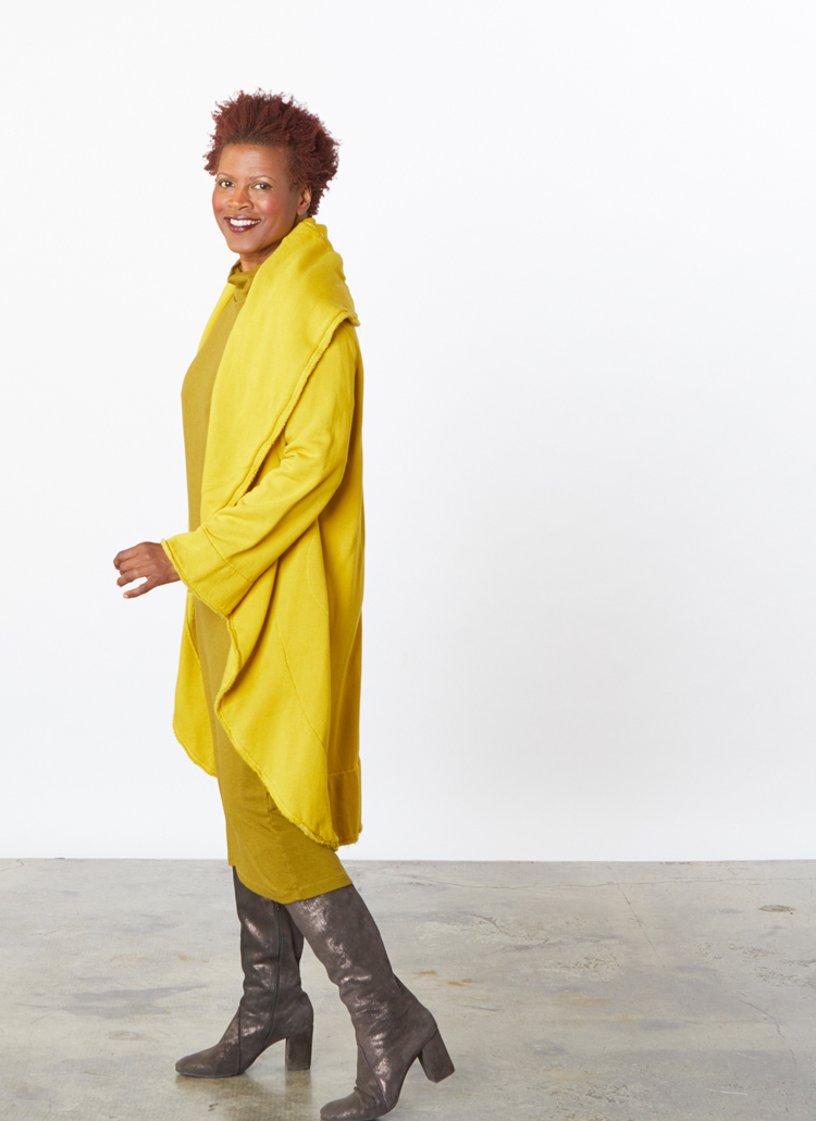 Wrap Coat in Yuja Bamboo Fleece, Ilse Dress in Oolong Grey Terry