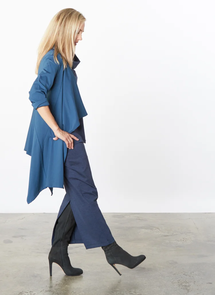 Kai Jacket in Teal Modal Ponti, Etta Tank, Slim Skirt in Navy Melange