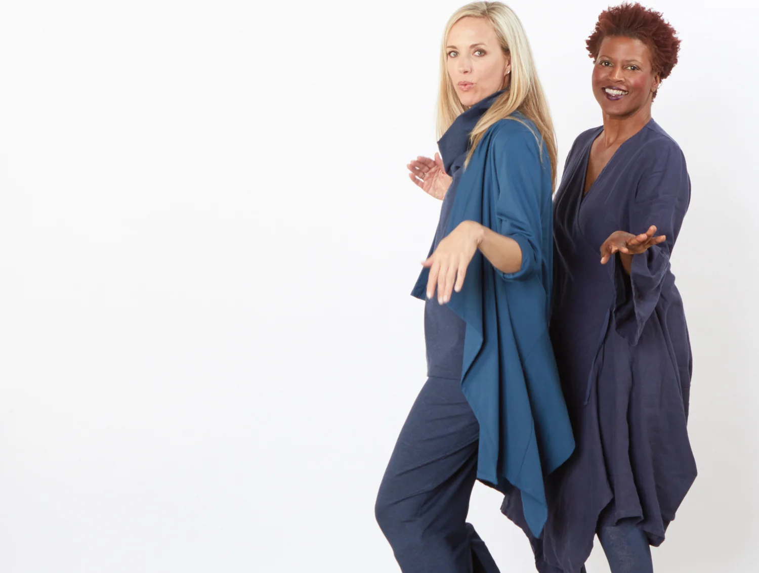 Kai Jacket in Teal Modal Ponti, Etta Tank, Slim Skirt in Navy Melange, Sybilla Wrap Dress in Estrella Light Linen