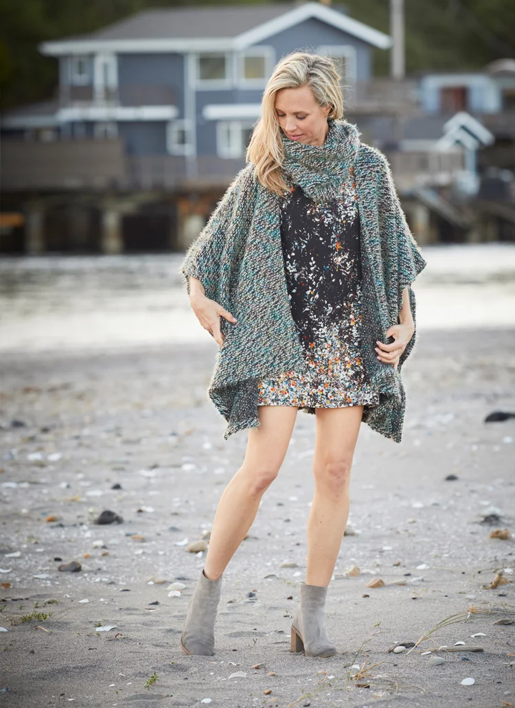 Wrap Poncho, Cowlneck Scarf in Ready for Isle of Skye, Twiggy Zip Tunic in Black Multi Fonkeling Stretch Crepe
