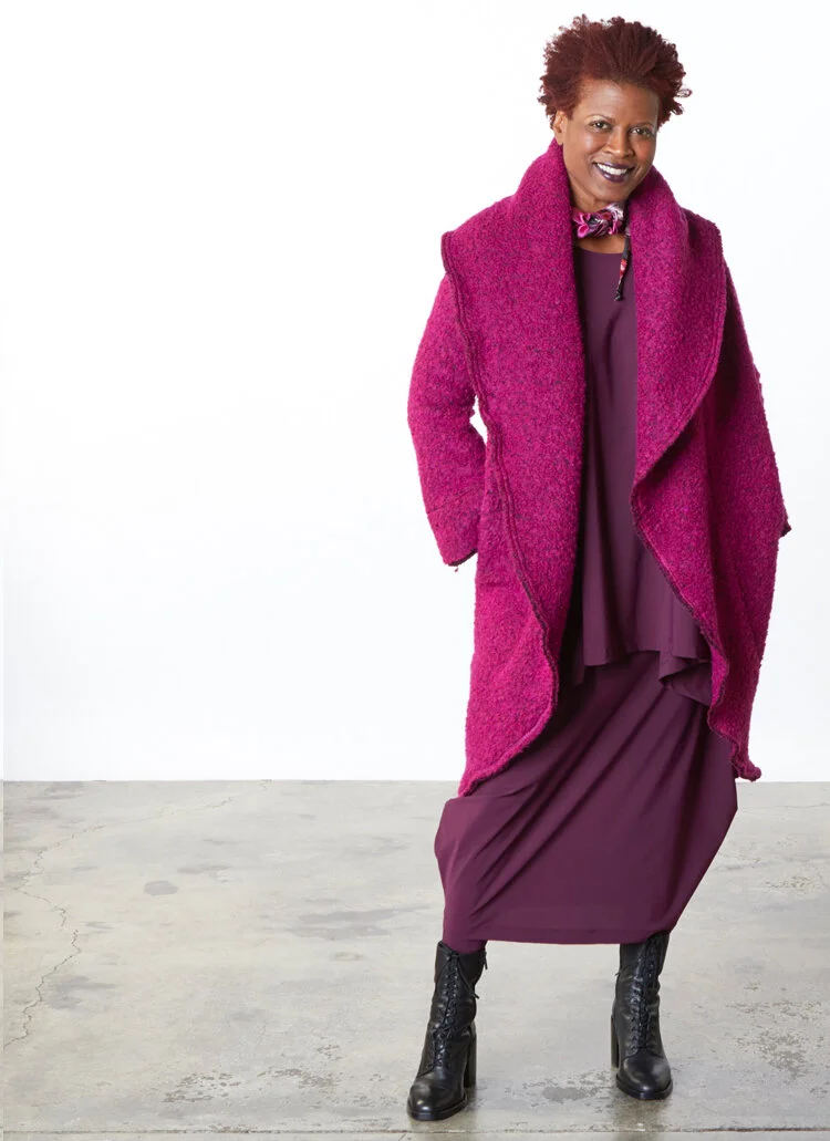 Wrap Coat in Fuchsia Boucle, Chester Tunic, Hamish Skirt in Burgundy Microfiber