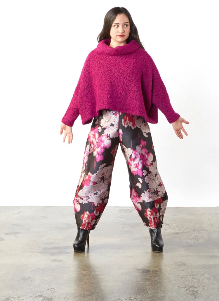 Astrid Shirt in Fuchsia Boucle, Oliver Zip Pant in Black/Pink Duchesse Jacquard