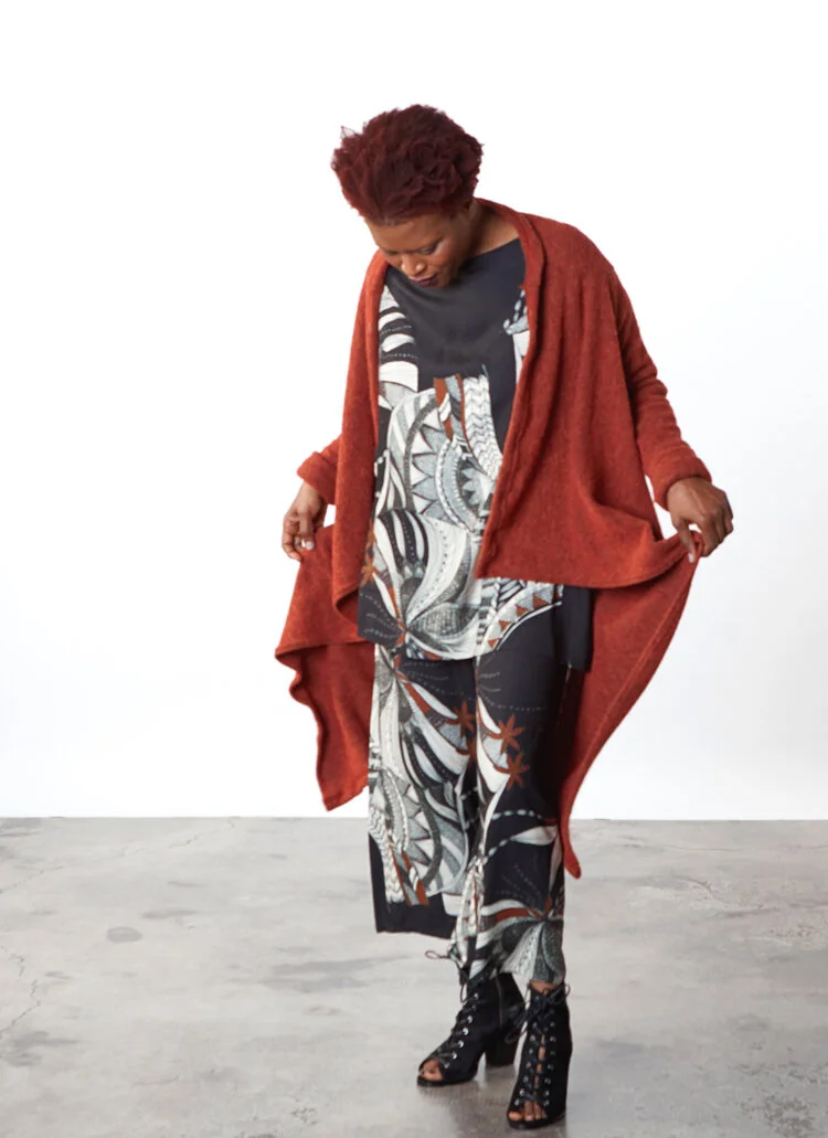 Dimitri Tunic in Black/Ivory Ready for Lisbon Print Jersey, Ella Pant in Black/Ivory Ready for Lisbon Print Twill, Eve Cardigan in Orange Italian Boucle