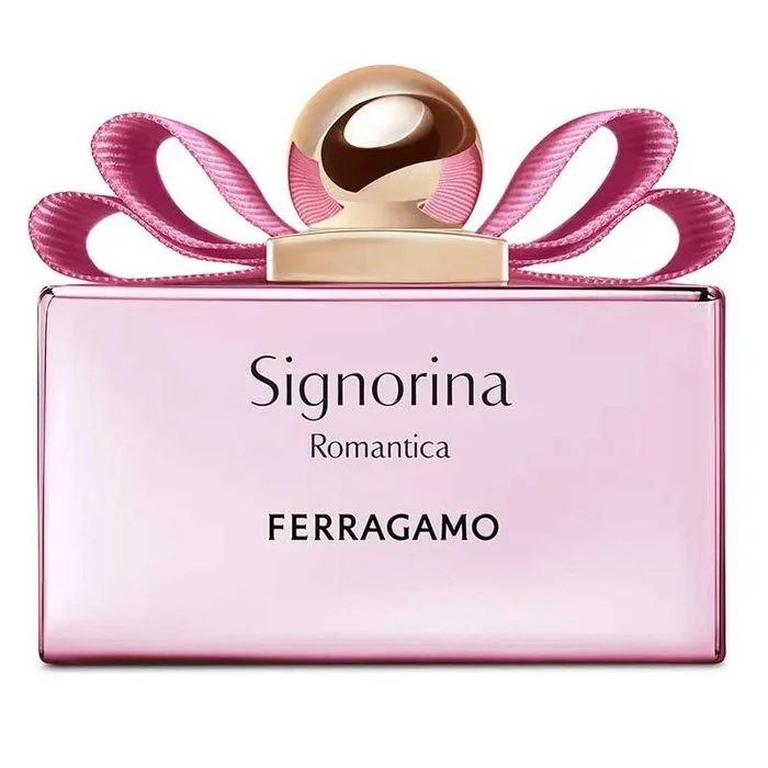 Ferragamo Signorina Romantica perfume bottle with pink grosgrain bow