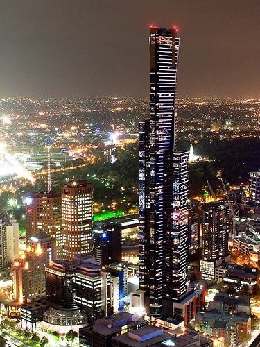 A birds eye view of Melbourne lit up at night