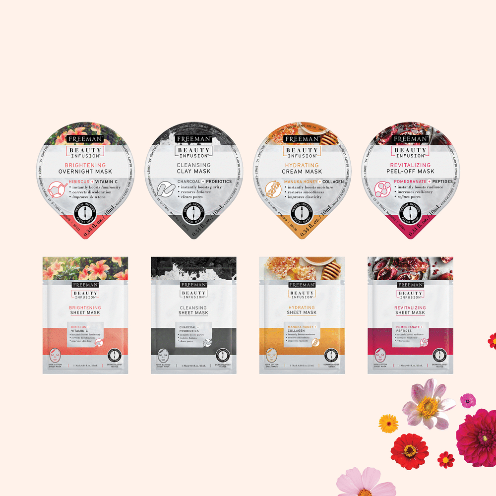 A range of different Freeman beauty infusion facial treatments laid out on a baby pink background with several bright flowers moving across them 