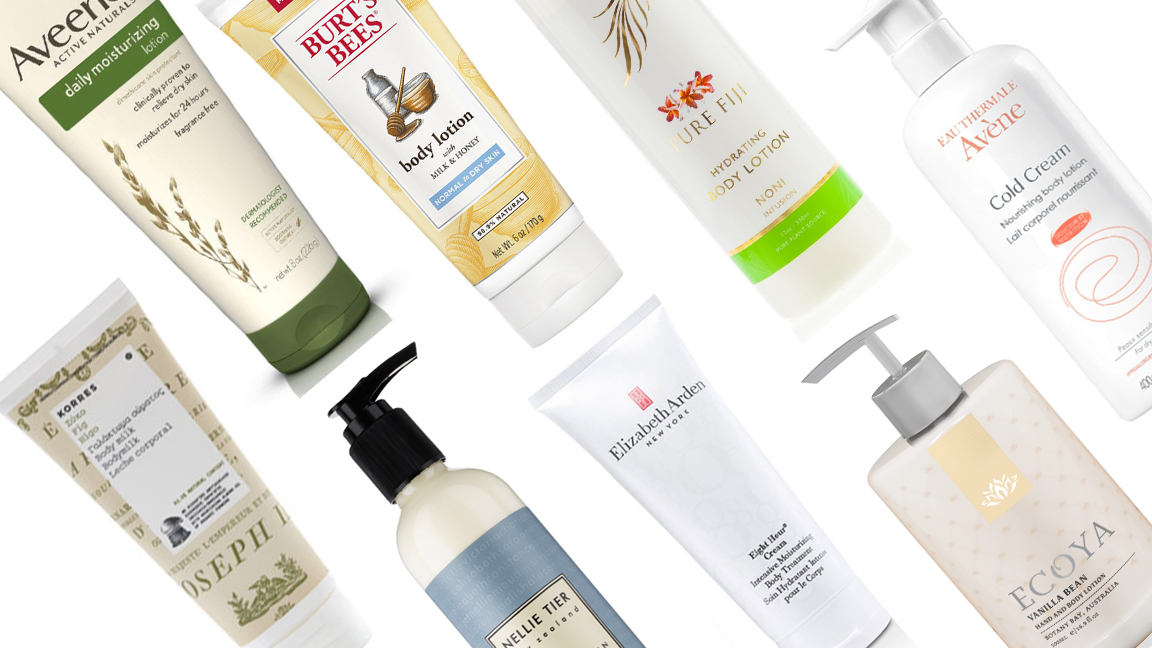 A range of different body lotions arranged diagonally across a white background 