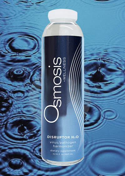 Osmosis beauty product in blue bottle surrounded by water drops 