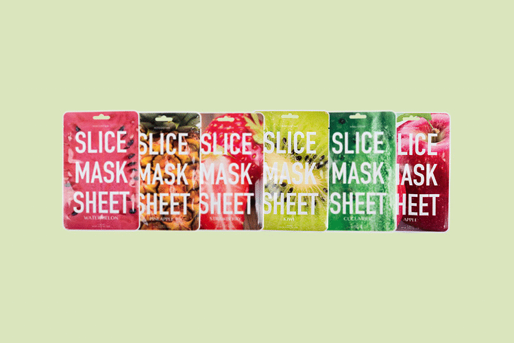 Various Slice mask sheet's lined up against a background that changes in colour 