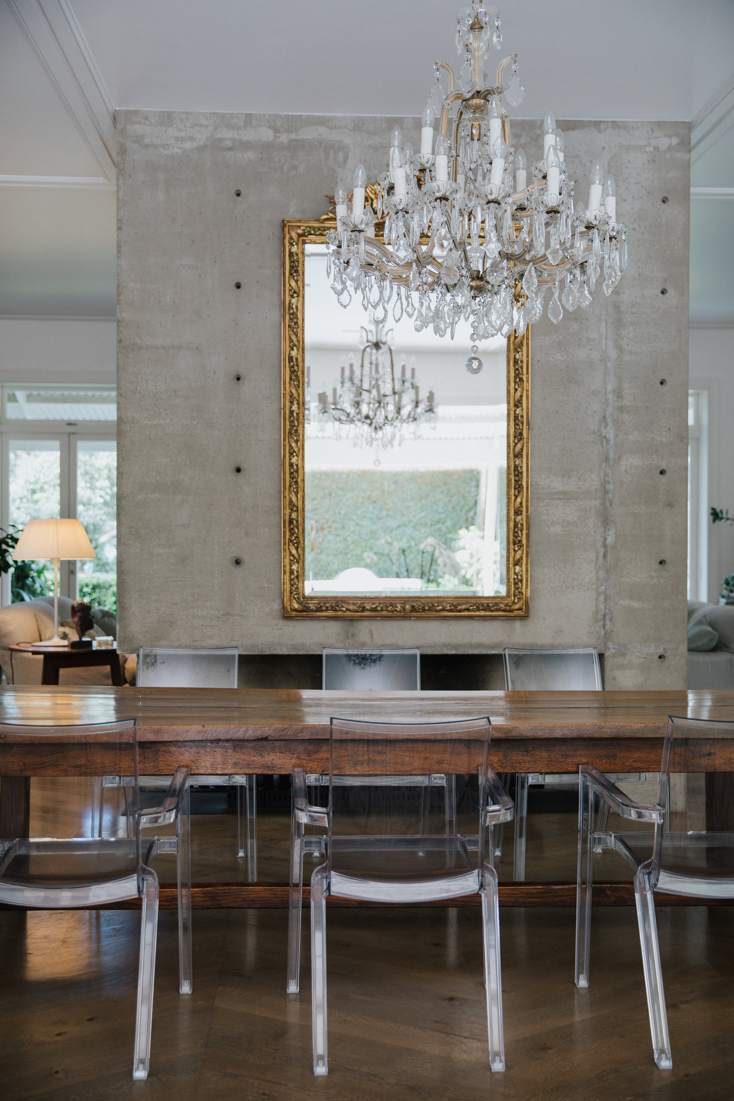 Wooden dining table and hanging light